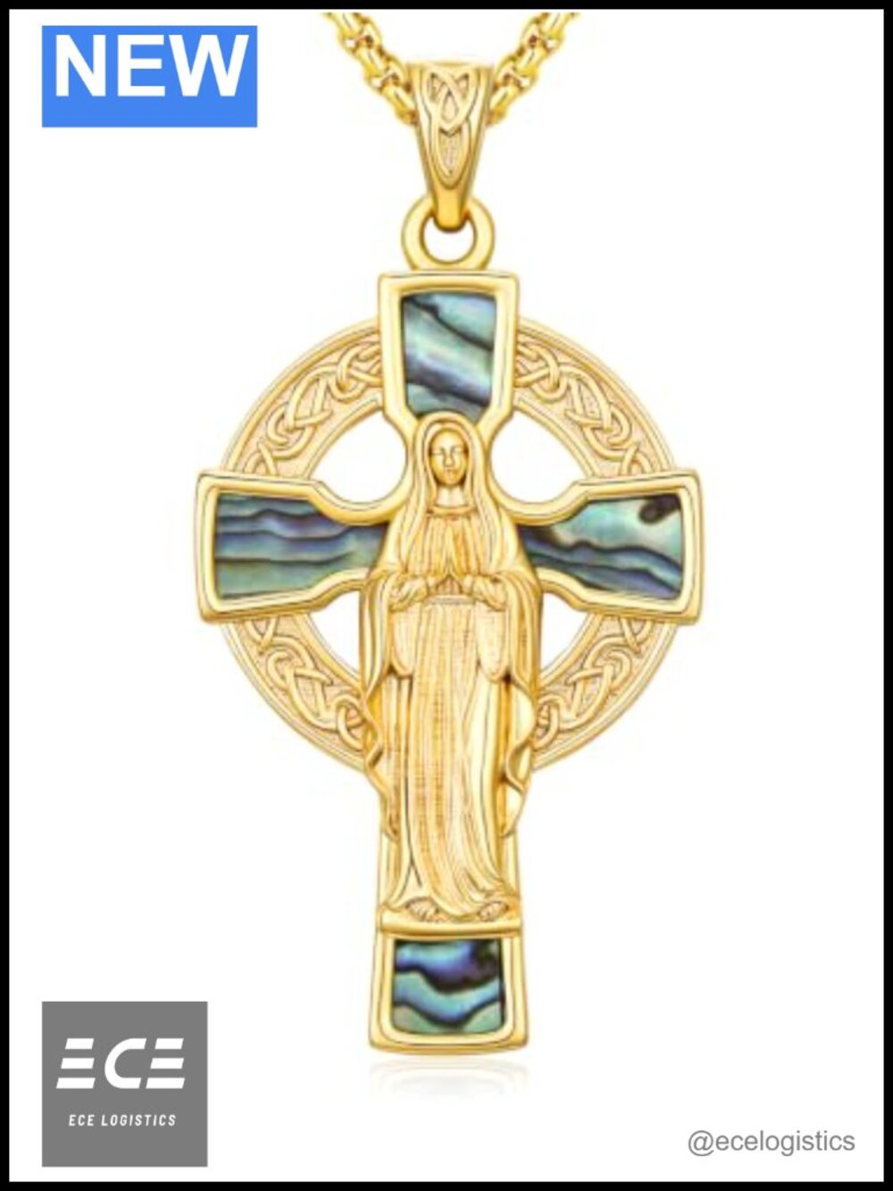 14K Gold Plated Abalone Celtic Cross Pendant Necklace Religious Catholic 22 Inch